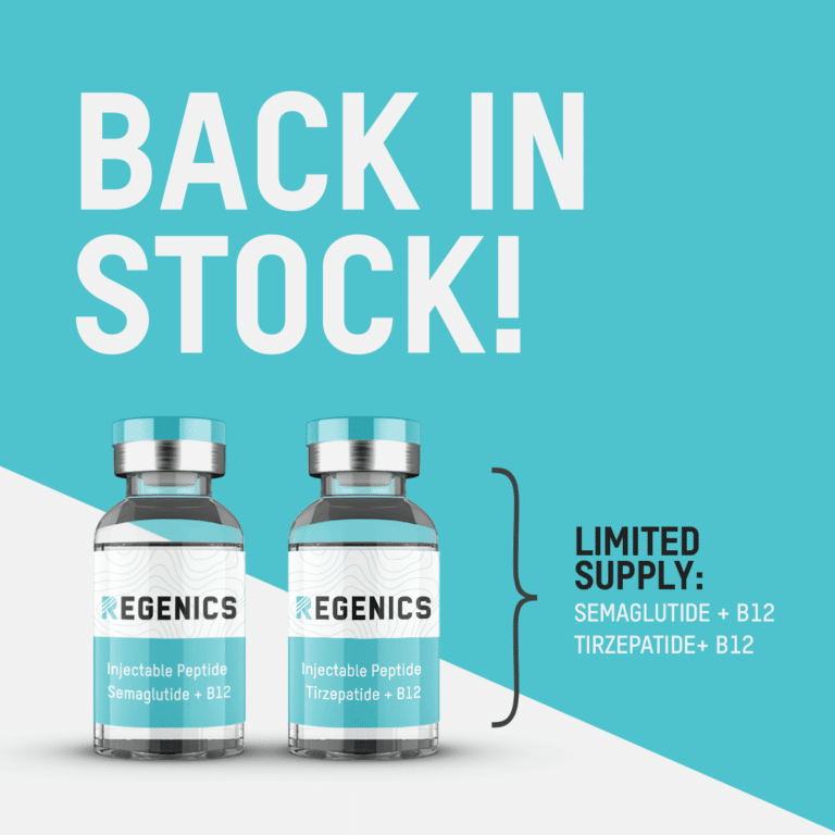 Two vials labeled "Egenics Injectable Peptide Semaglutide + B12" and "Tirzepatide + B12" against a turquoise background with text "BACK IN STOCK!" and "LIMITED SUPPLY: Semaglutide + B12, Tirzepatide + B12". Reward yourself today!